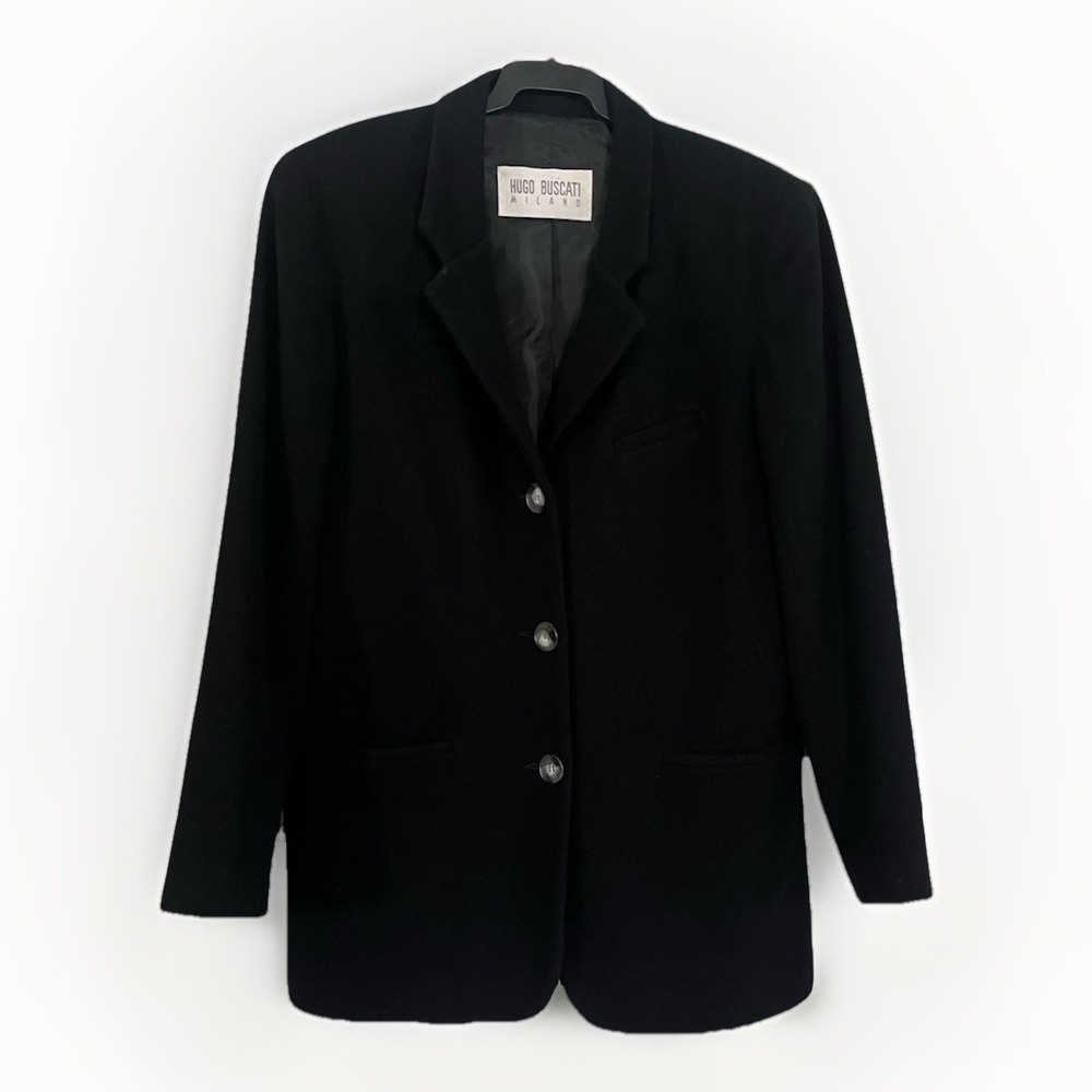 Hugo Buscati Milano Black Blazer 100% Pure Wool VTG Minimalist Luxury classic